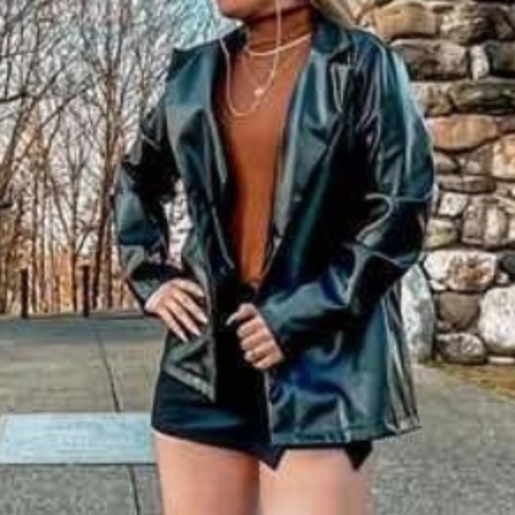 Classic Black Vegan Leather Button Jacket Blazer - Picture 1 of 8